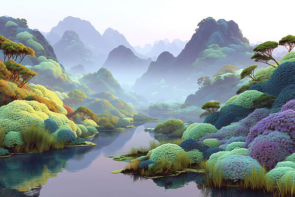 River with colorful bushes and mountains River with colorful bushes and mountains