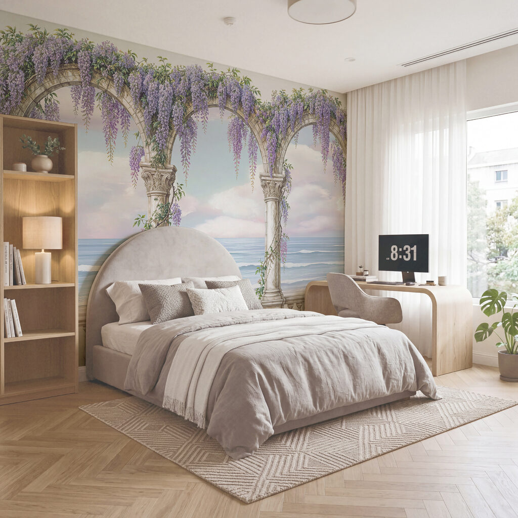 Tablou reprezentând o arcadă decorată cu flori violet Tablou reprezentând o arcadă decorată cu flori violet