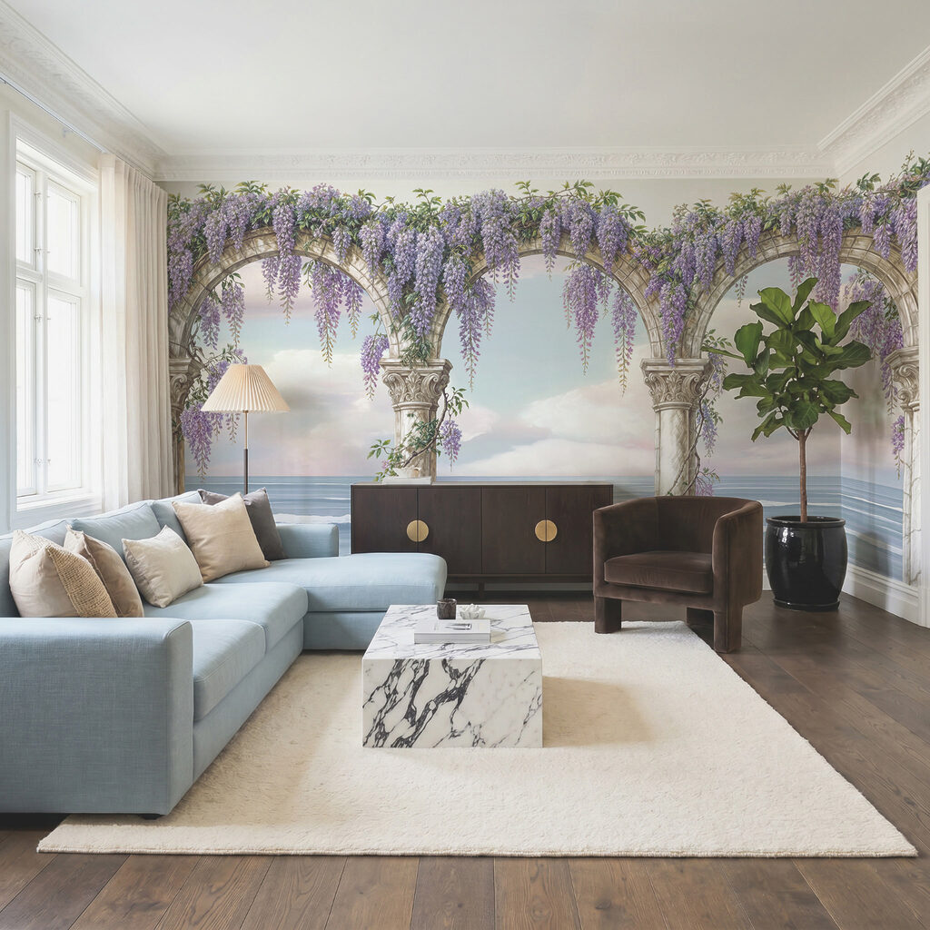 Tablou reprezentând o arcadă decorată cu flori violet Tablou reprezentând o arcadă decorată cu flori violet