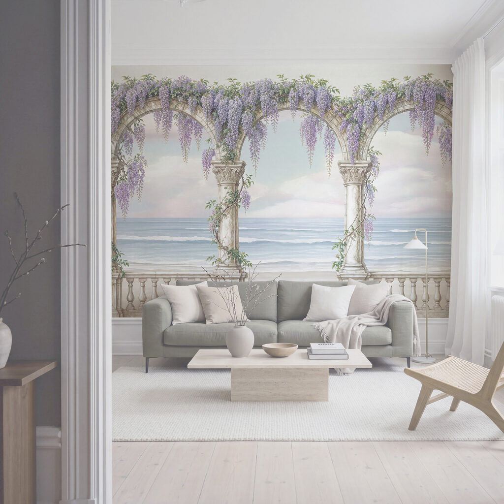 Tablou reprezentând o arcadă decorată cu flori violet Tablou reprezentând o arcadă decorată cu flori violet
