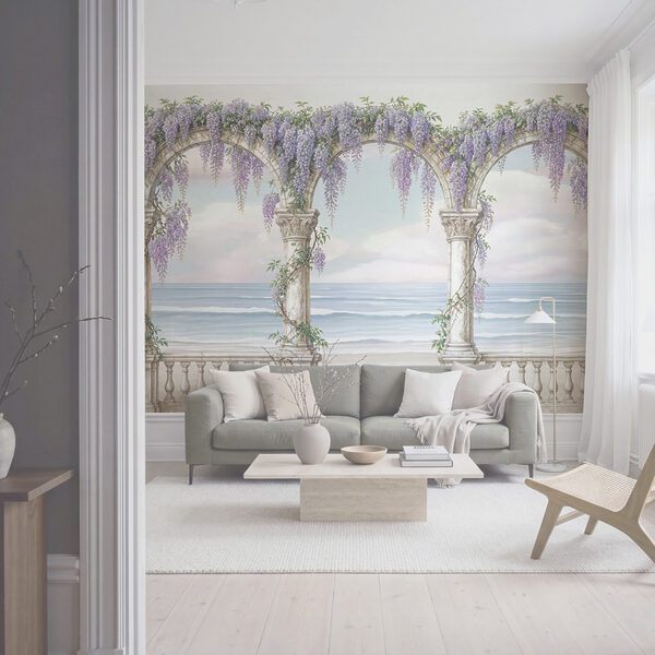 Tablou reprezentând o arcadă decorată cu flori violet Tablou reprezentând o arcadă decorată cu flori violet