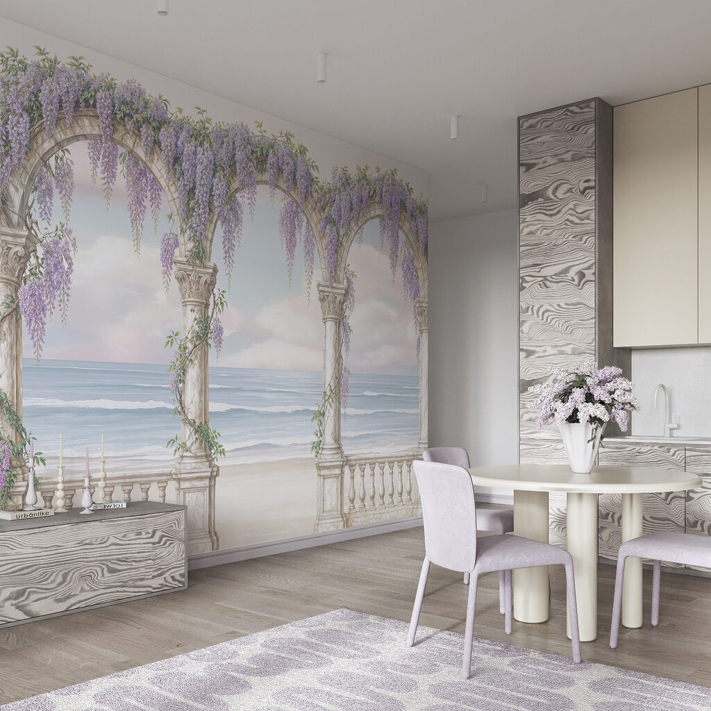 Tablou reprezentând o arcadă decorată cu flori violet Tablou reprezentând o arcadă decorată cu flori violet