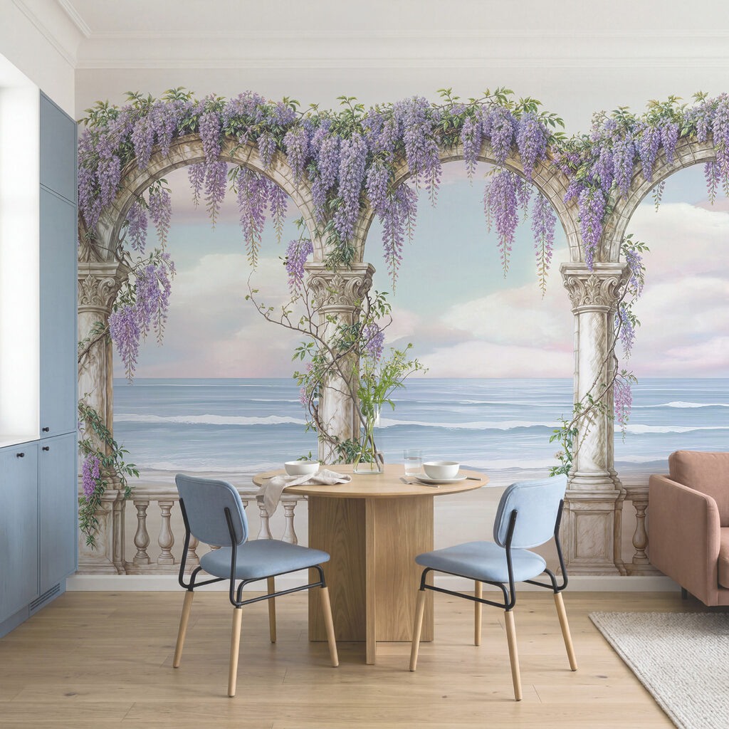 Tablou reprezentând o arcadă decorată cu flori violet Tablou reprezentând o arcadă decorată cu flori violet