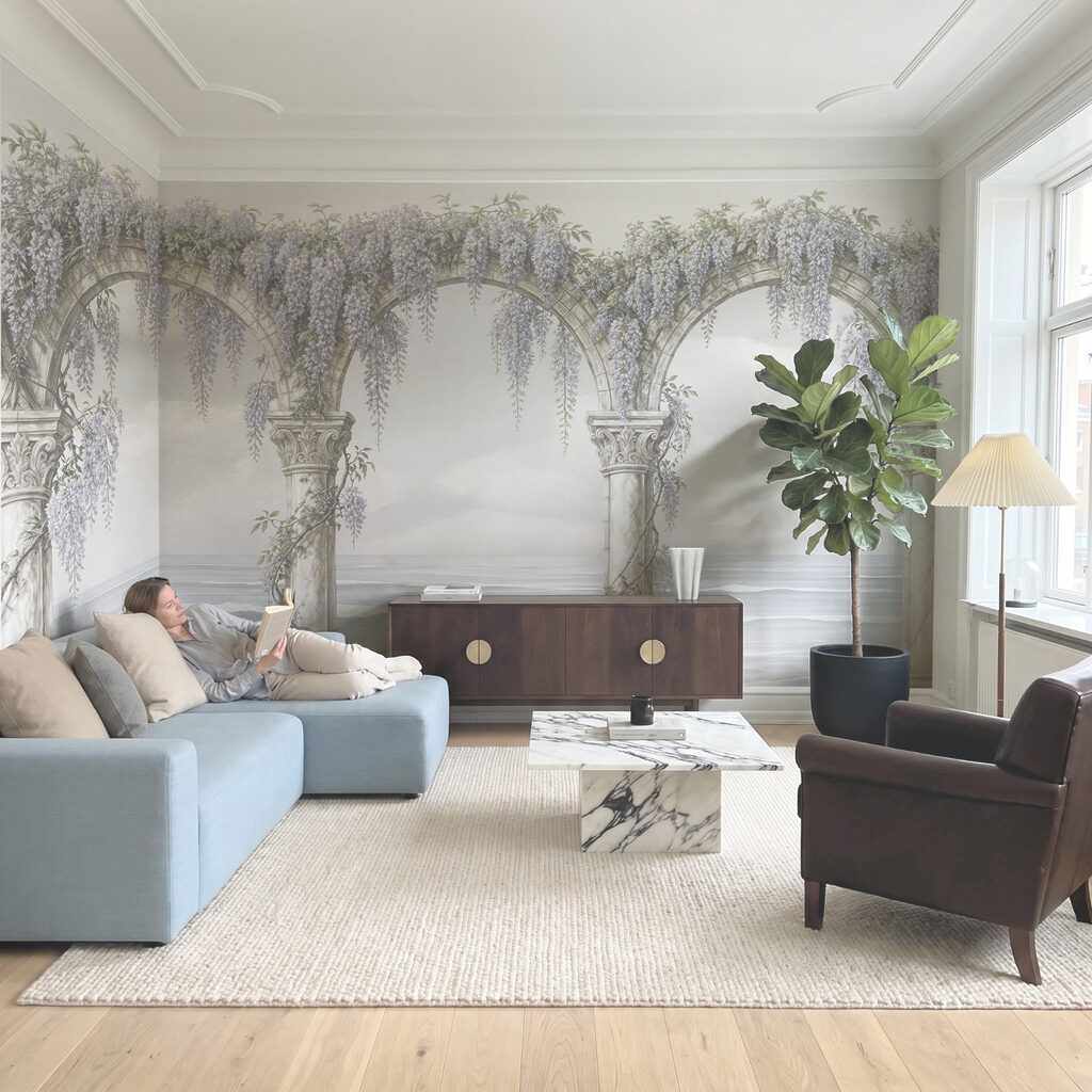 Arcadă albă, decorată cu flori mov Arcadă albă, decorată cu flori mov