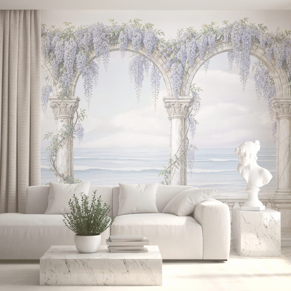 Arcadă albă, decorată cu flori mov Arcadă albă, decorată cu flori mov