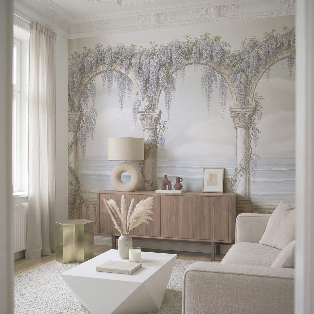 Arcadă albă, decorată cu flori mov Arcadă albă, decorată cu flori mov