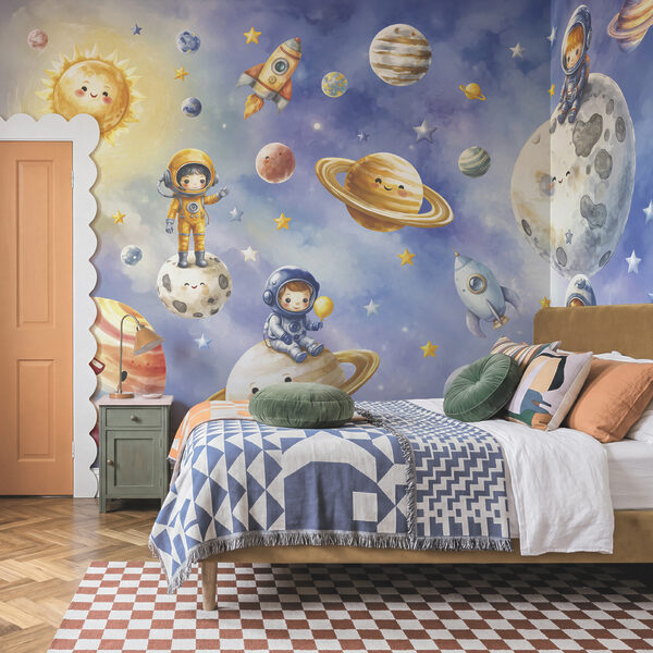 Grup de astronauți și planete din desene animate Grup de astronauți și planete din desene animate