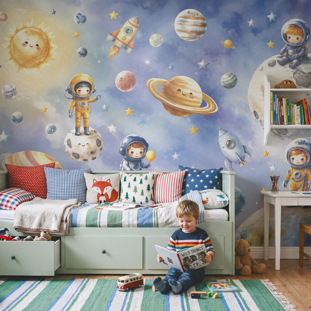 Grup de astronauți și planete din desene animate Grup de astronauți și planete din desene animate