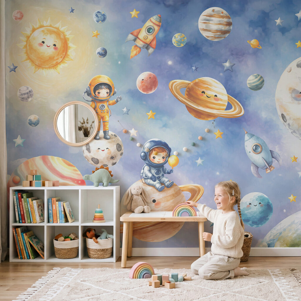 Grup de astronauți și planete din desene animate Grup de astronauți și planete din desene animate