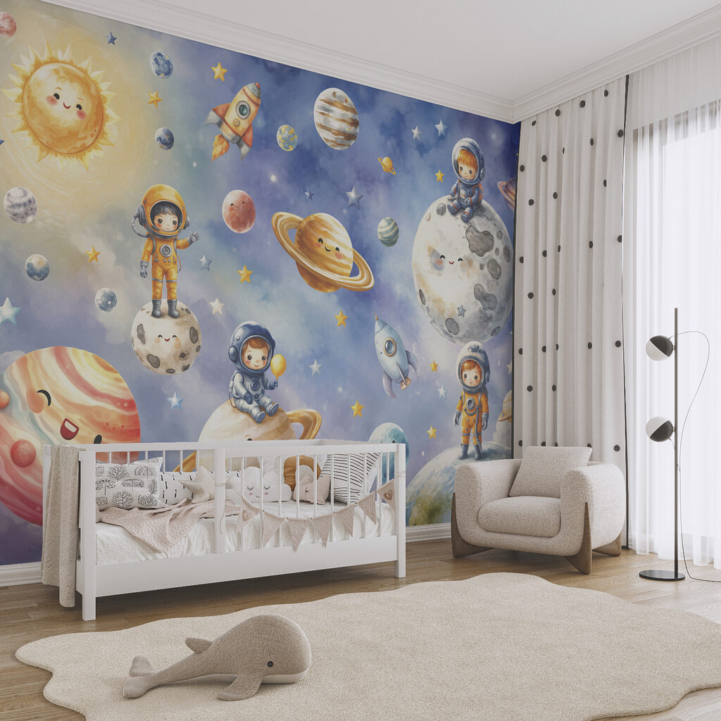Grup de astronauți și planete din desene animate Grup de astronauți și planete din desene animate