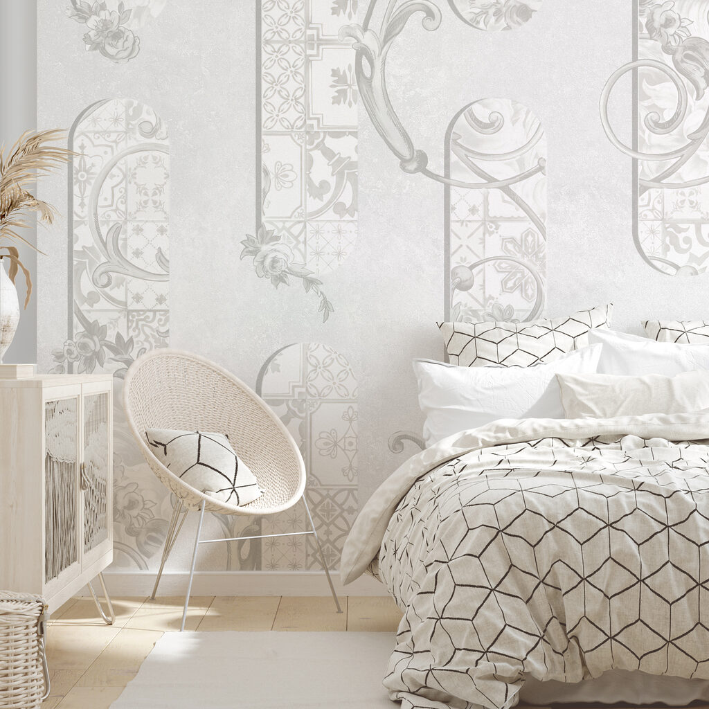 Tapet alb cu motive florale Tapet alb cu motive florale