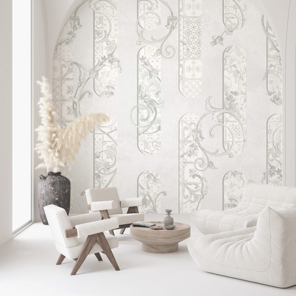 Tapet alb cu motive florale Tapet alb cu motive florale