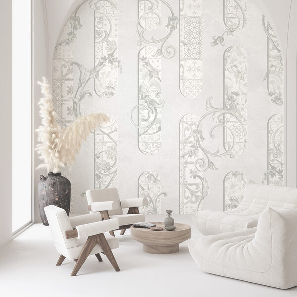 Tapet alb cu motive florale Tapet alb cu motive florale