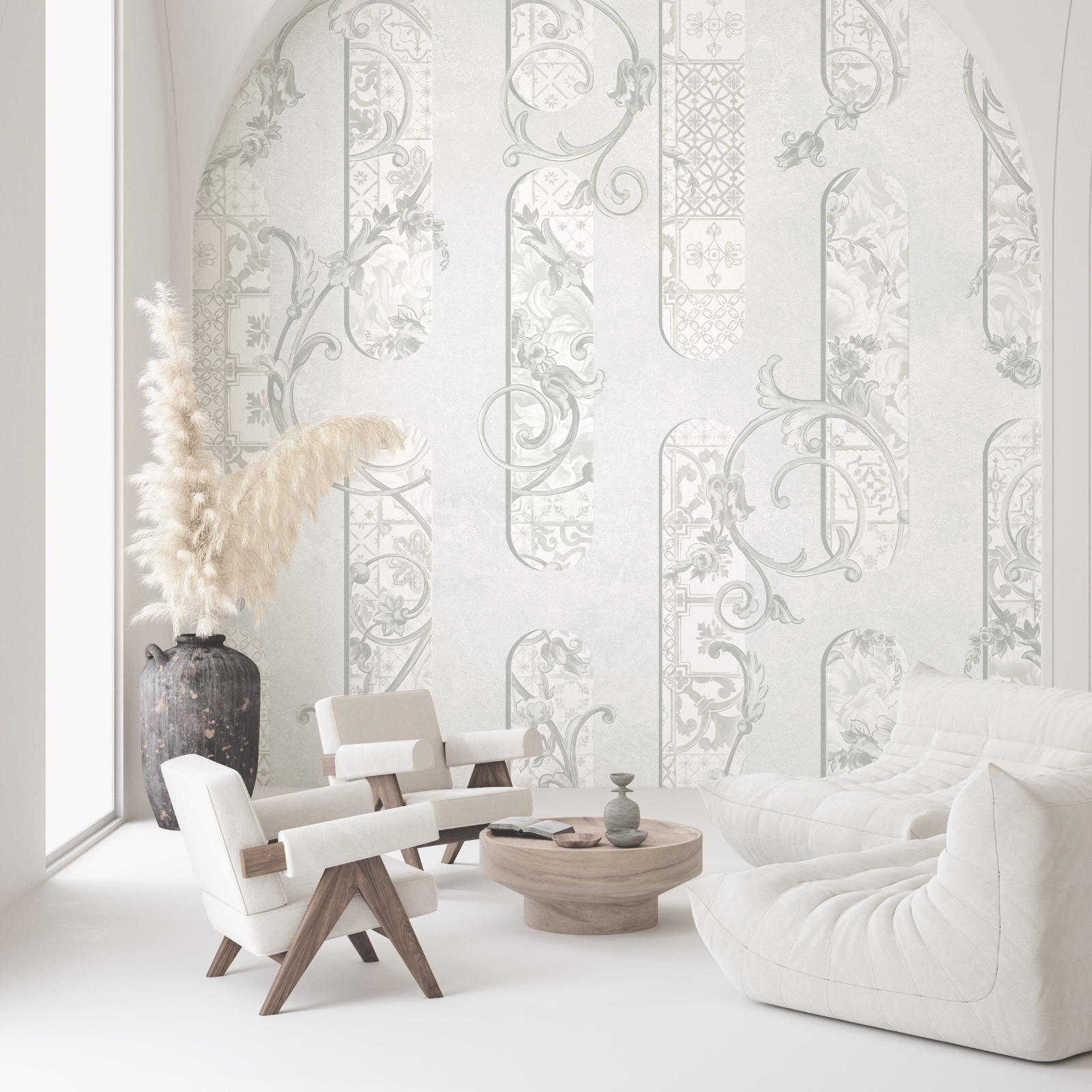 Tapet alb cu motive florale Tapet alb cu motive florale
