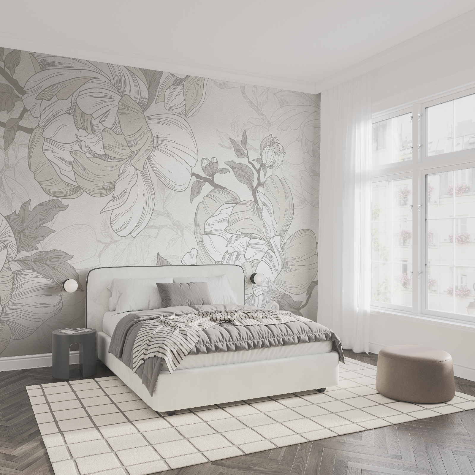 Motiv floral alb și gri Motiv floral alb și gri
