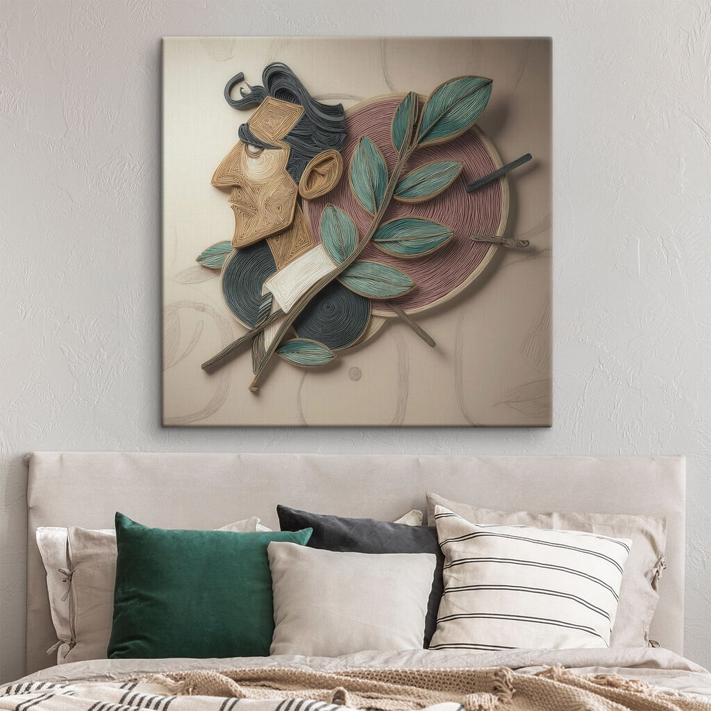 Artwork of a man with leaves on a wall