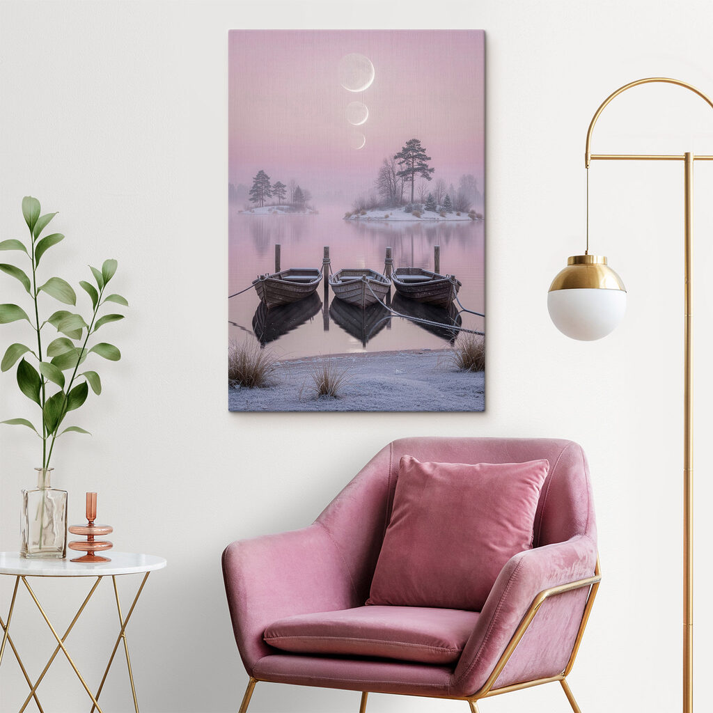 Boats on a lake with trees and a moon in the background