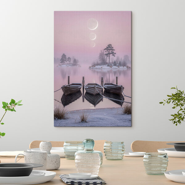 Boats on a lake with trees and a moon in the background