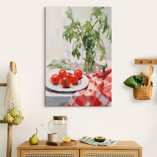 Painting of tomatoes on a plate next to a vase of green leaves Painting of tomatoes on a plate next to a vase of green leaves