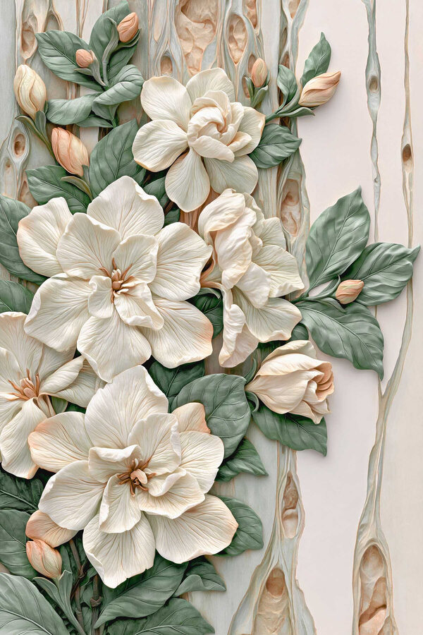 Group of white flowers with green leaves Group of white flowers with green leaves