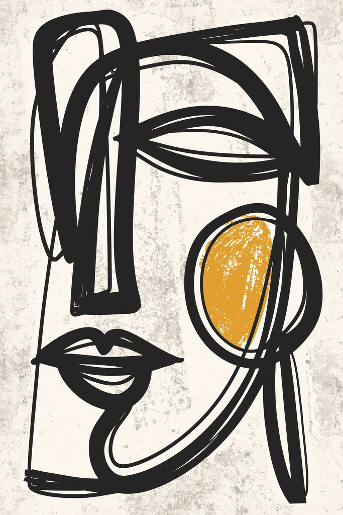 Black and yellow drawing of a face