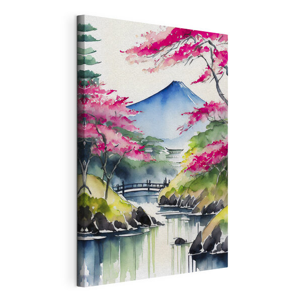 Watercolor painting of a mountain and trees with pink flowers Watercolor painting of a mountain and trees with pink flowers