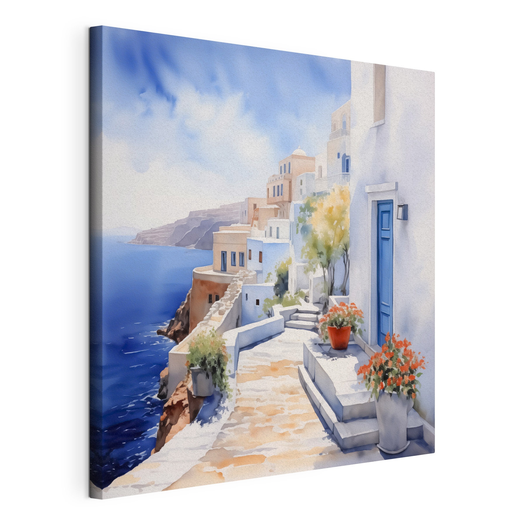 Watercolor painting of a white building with blue doors and flowers on a cliff Watercolor painting of a white building with blue doors and flowers on a cliff
