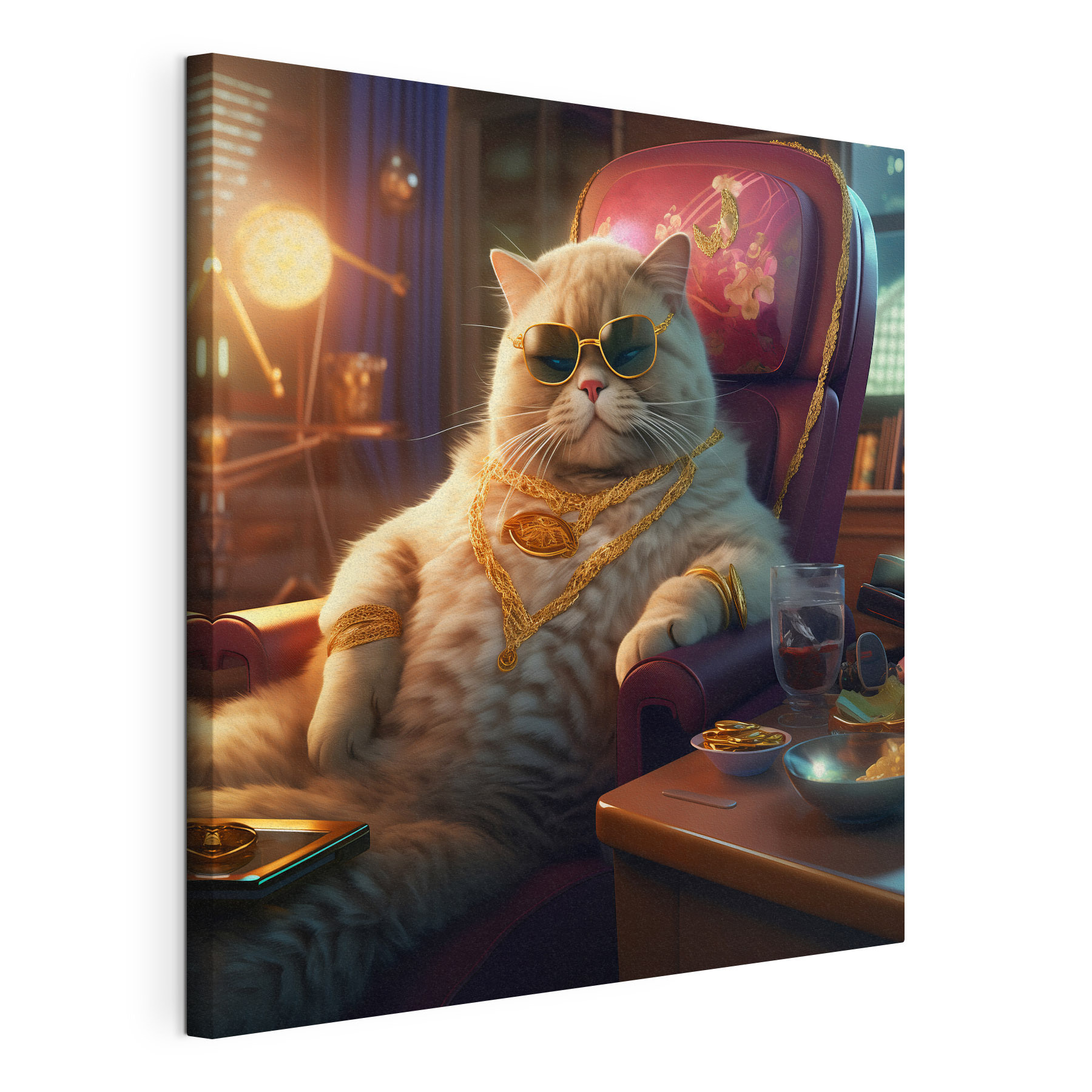 Cat wearing sunglasses and a necklace sitting in a chair Cat wearing sunglasses and a necklace sitting in a chair