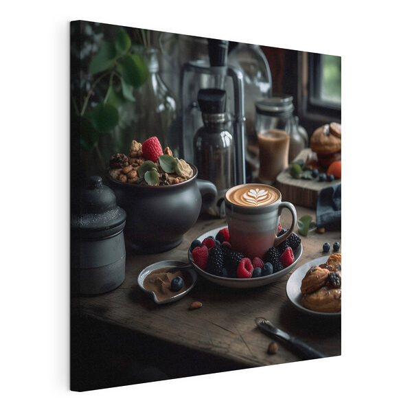 Ceașcă de cafea cu un latte art pe o farfurie cu fructe și cereale Tablouri Ceașcă de cafea cu un latte art pe o farfurie cu fructe și cereale