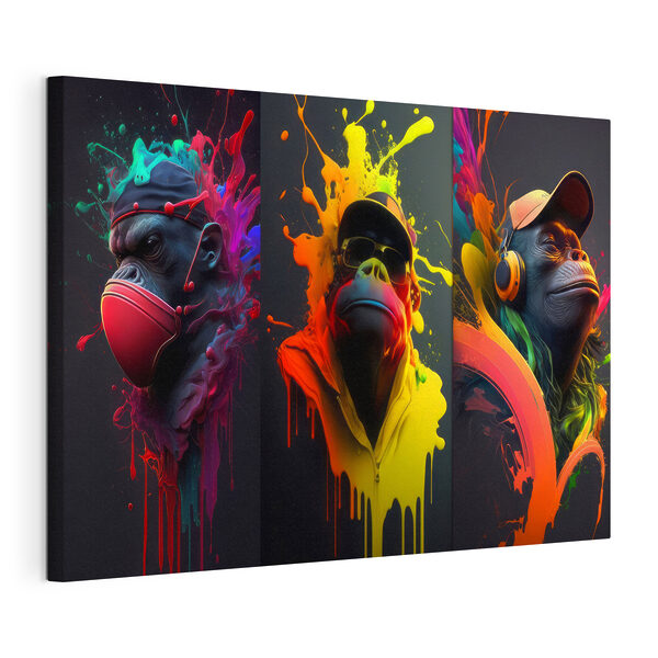 Un colaj de imagini ale unei maimuțe cu stropi de vopsea colorată Tablouri Un colaj de imagini ale unei maimuțe cu stropi de vopsea colorată
