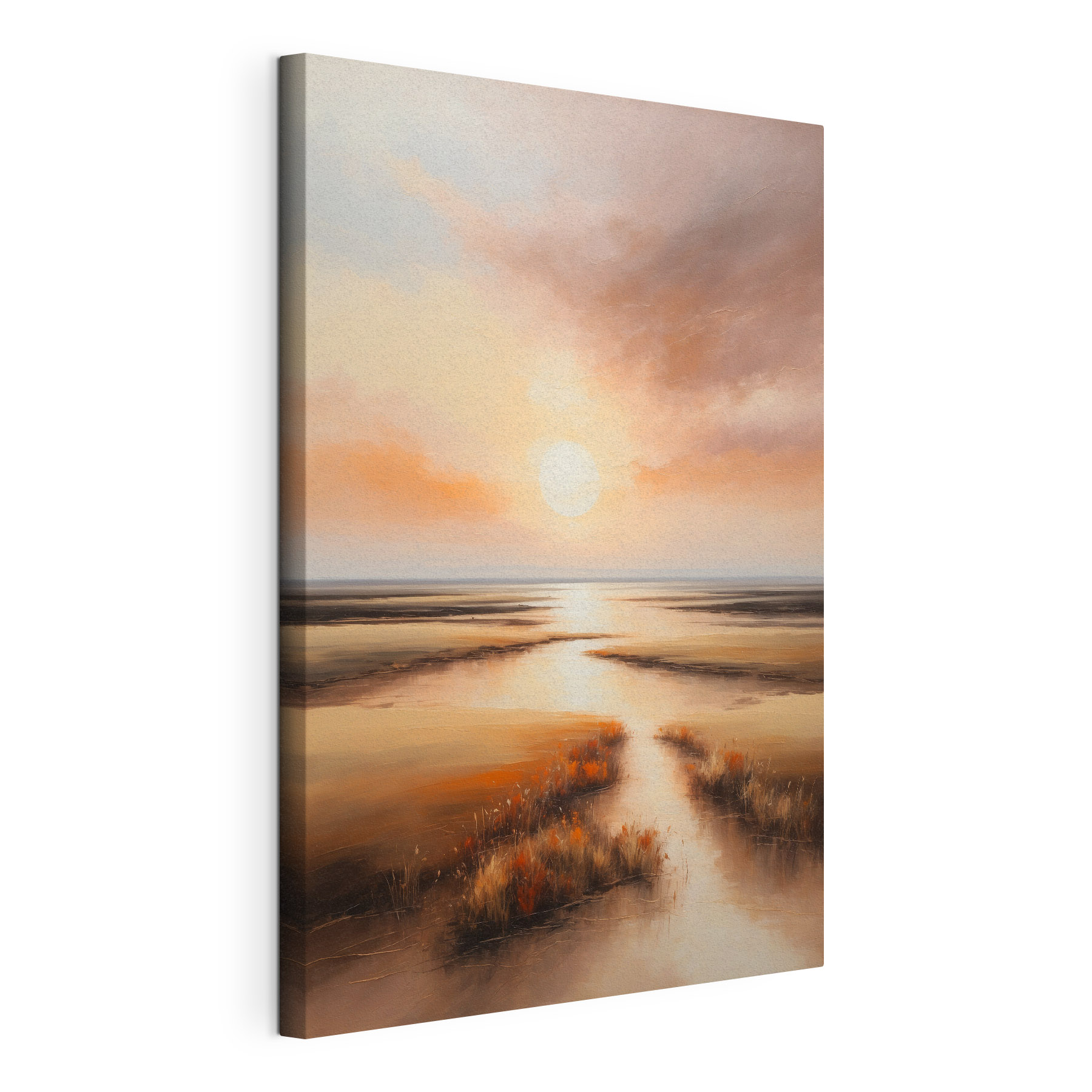A painting of a sunset over a marsh