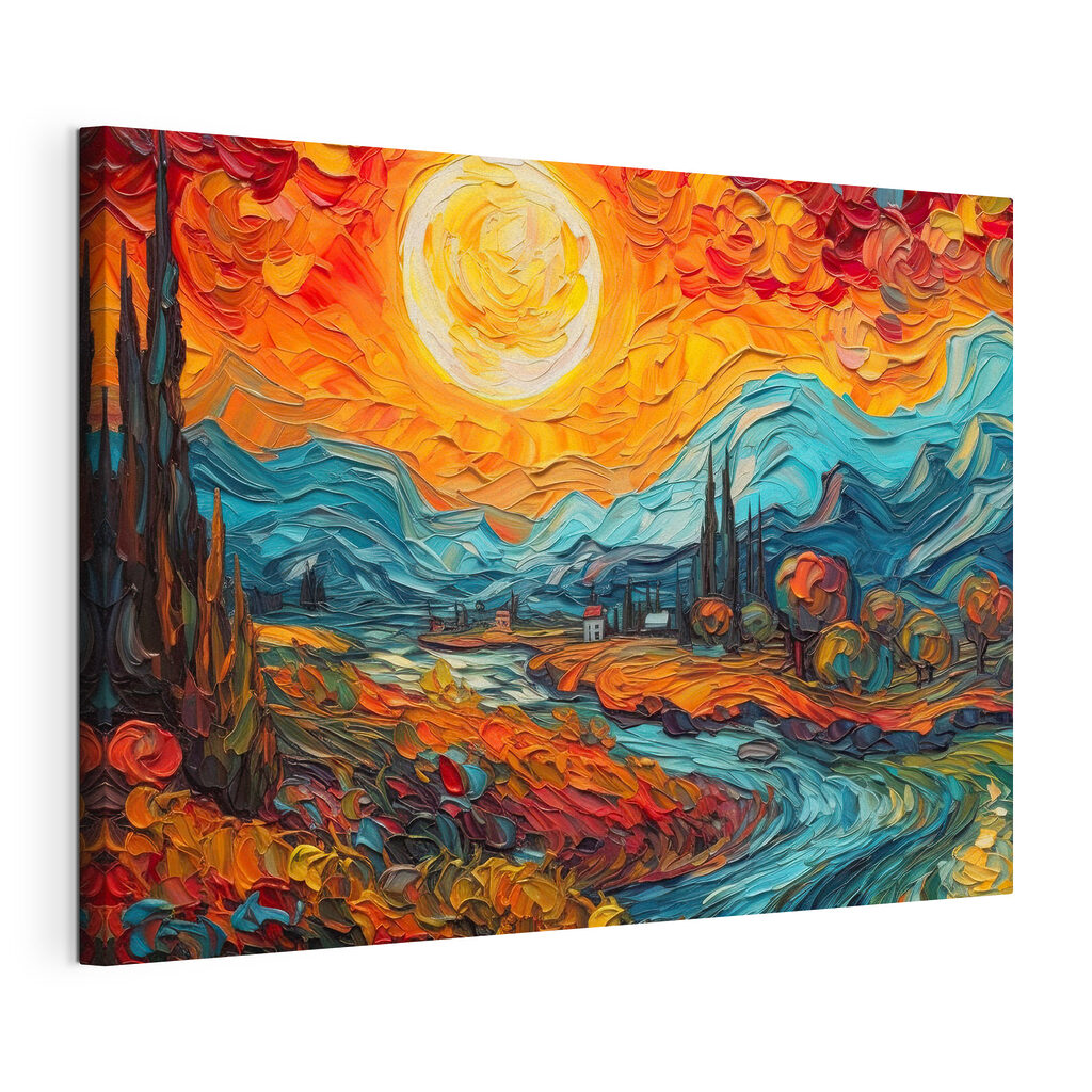 A painting of a landscape with a river and mountains A painting of a landscape with a river and mountains