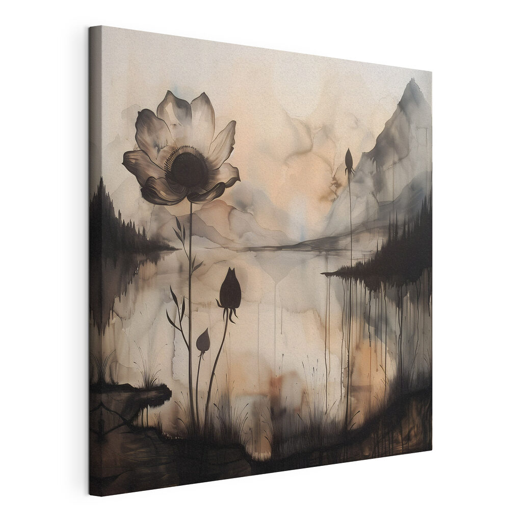 A painting of a flower and a lake A painting of a flower and a lake