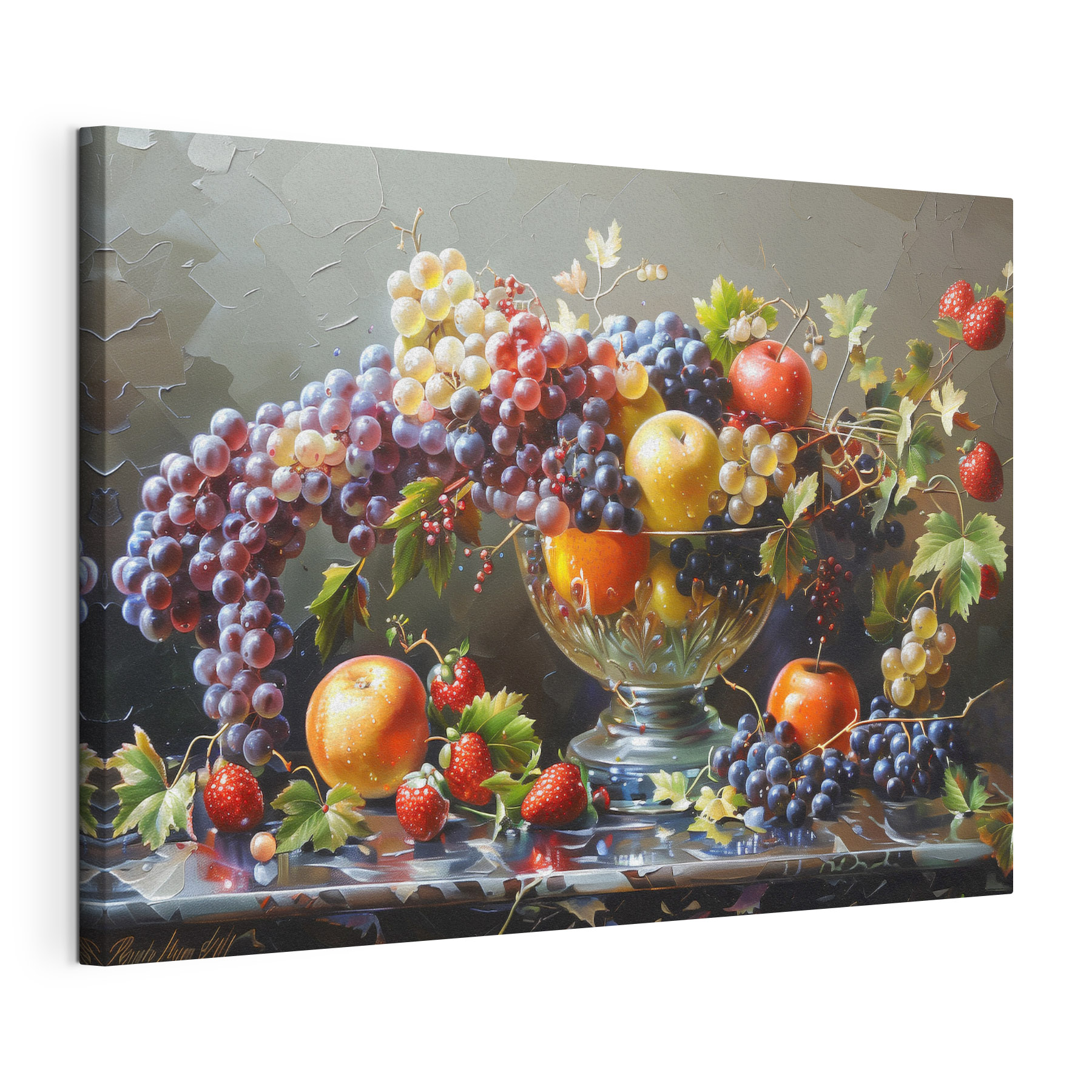 A painting of fruit in a bowl