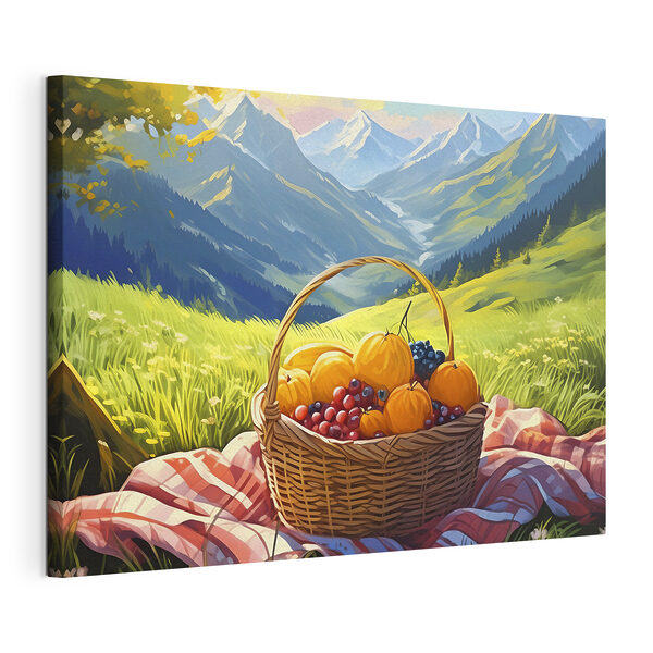 Tablouri Un coș de fructe pe o pătură pe un câmp cu iarbă
