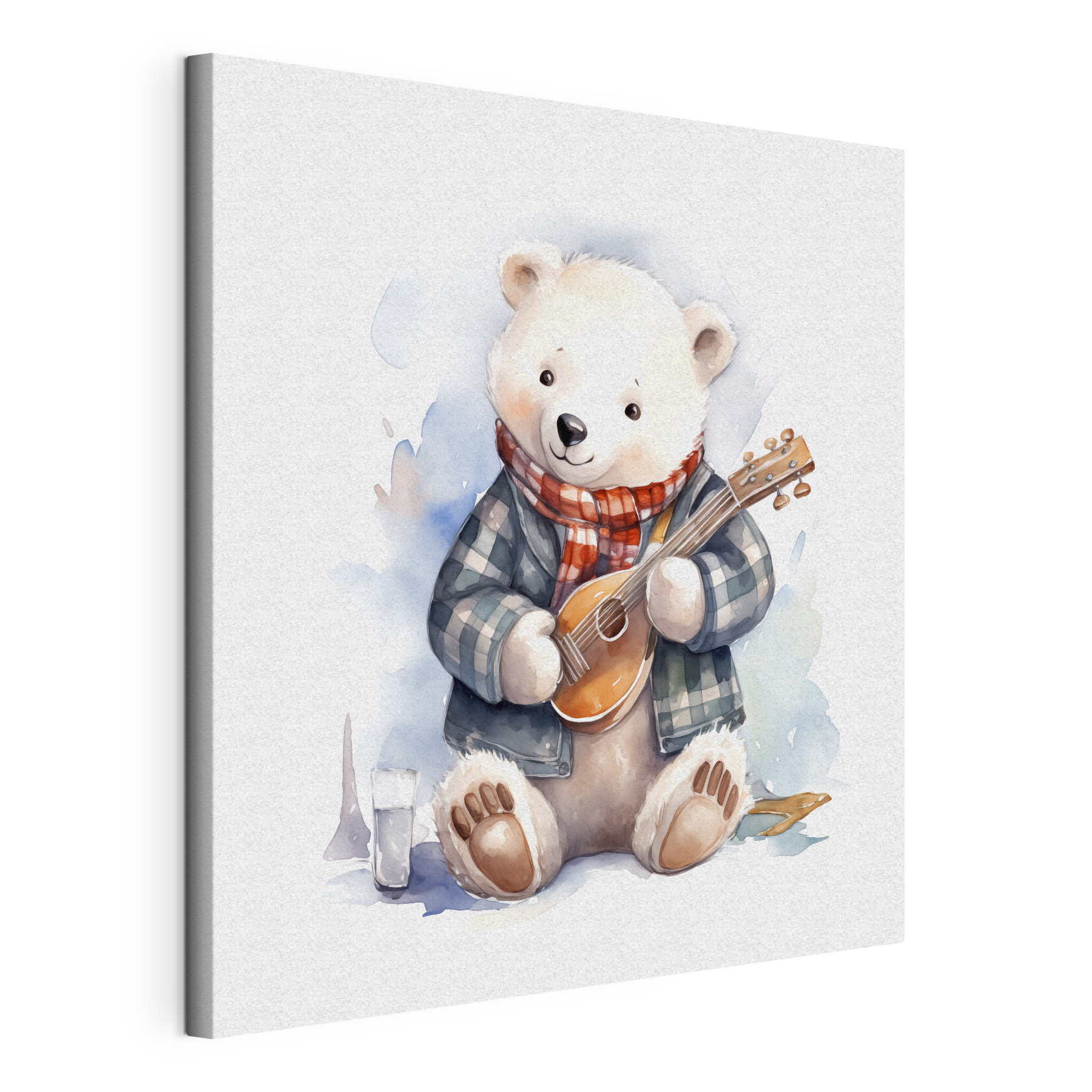 A watercolor of a teddy bear playing a guitar