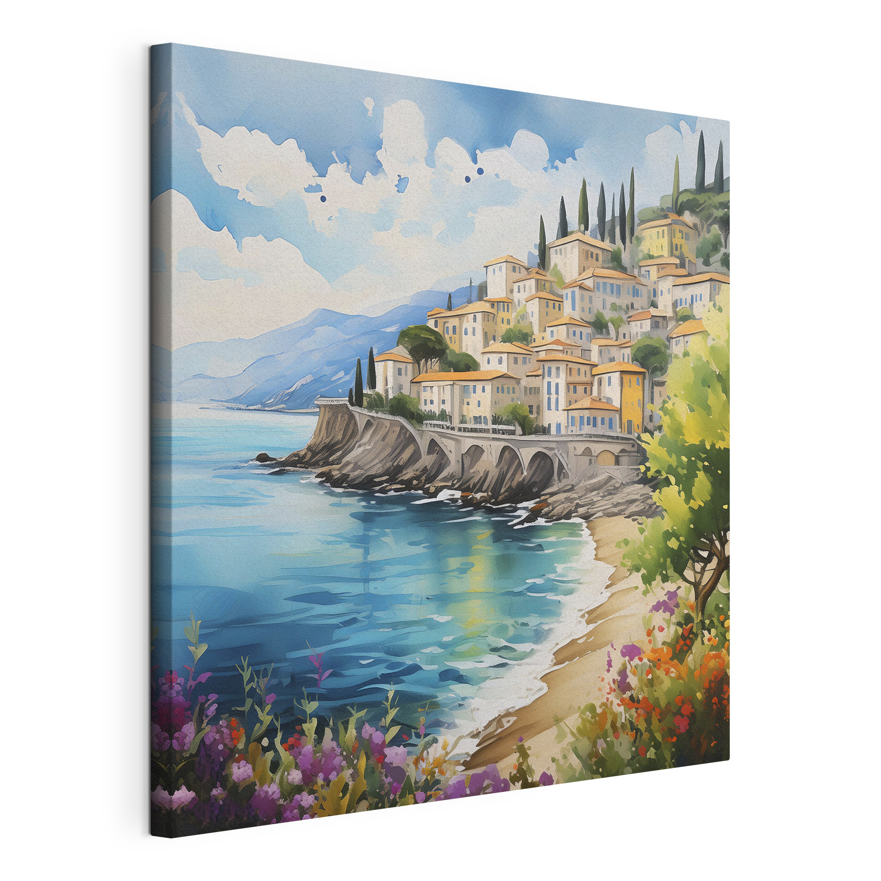 A painting of a town on a cliff by the water