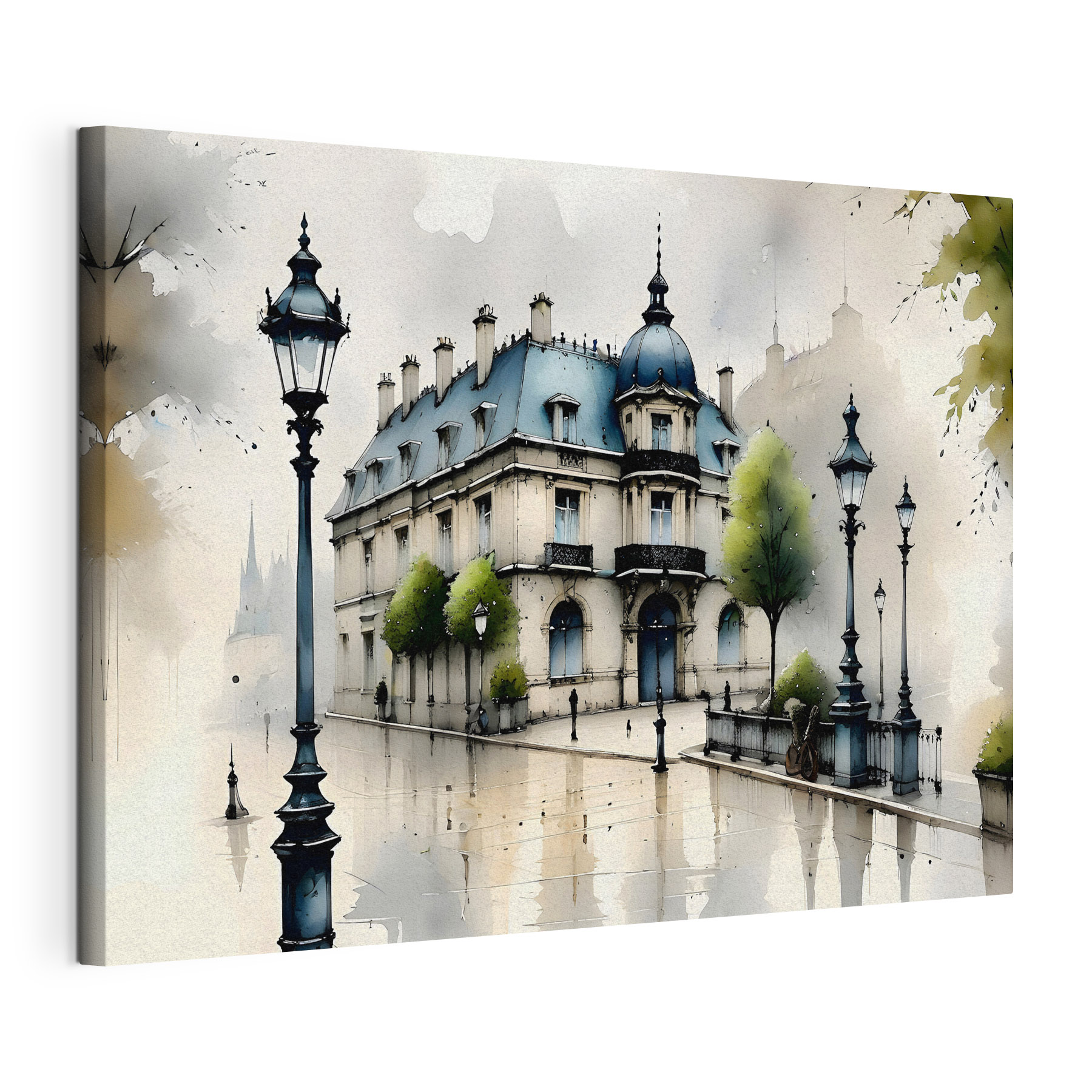 Painting of a building with trees and a street lamp
