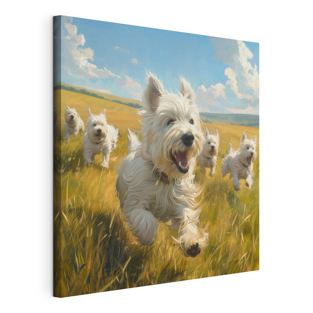 Group of white dogs running in a field Group of white dogs running in a field