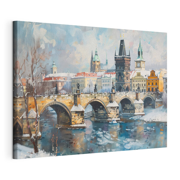 Bridge over water with buildings and snow