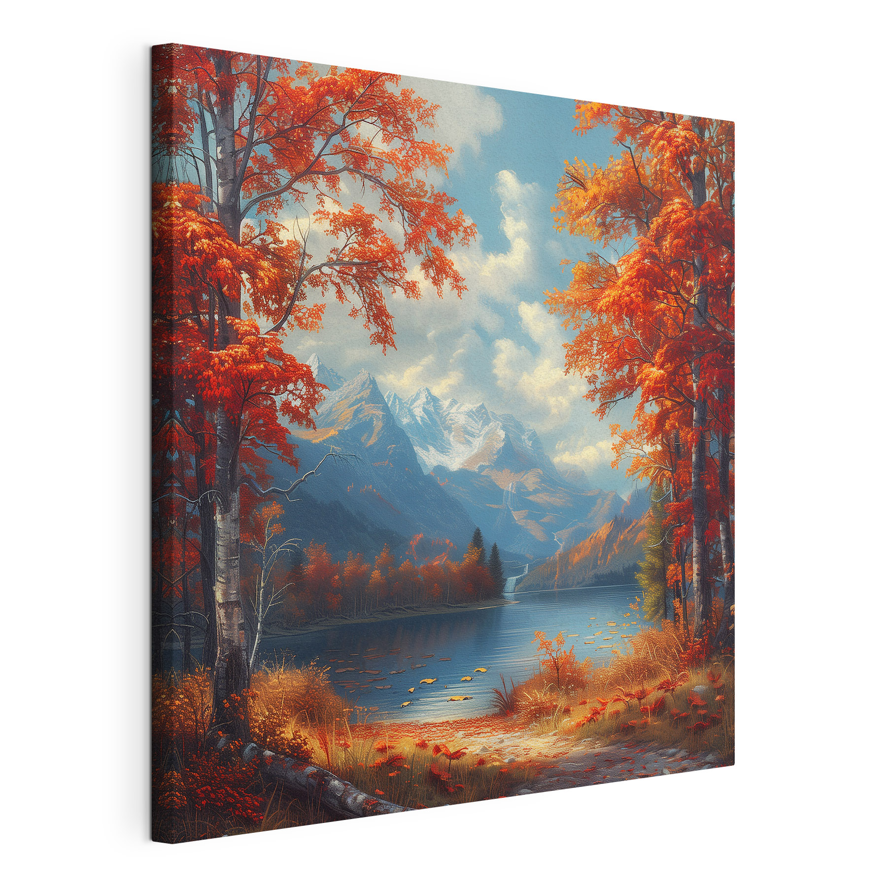 Lake with orange leaves and mountains in the background