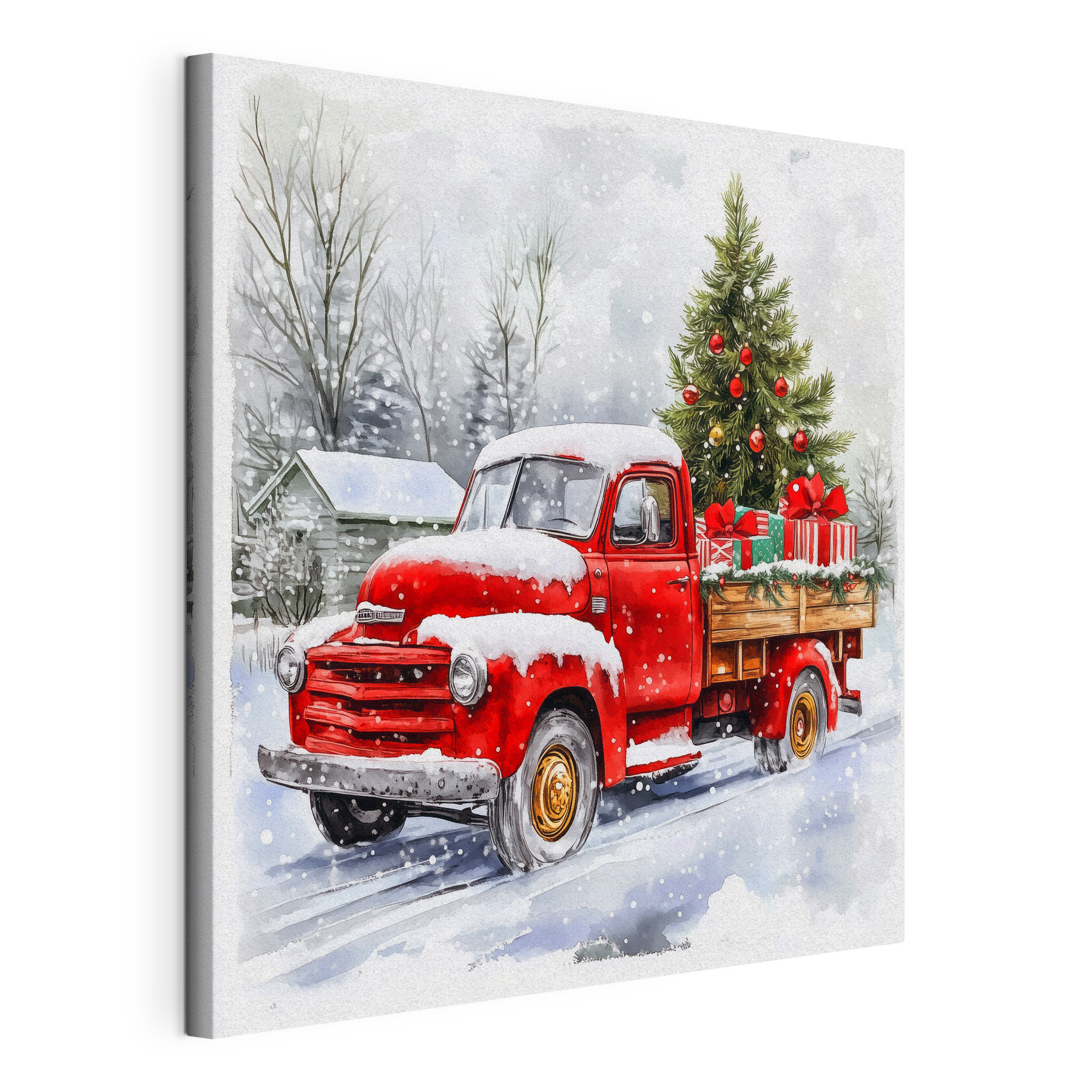 Red truck with a christmas tree on the back