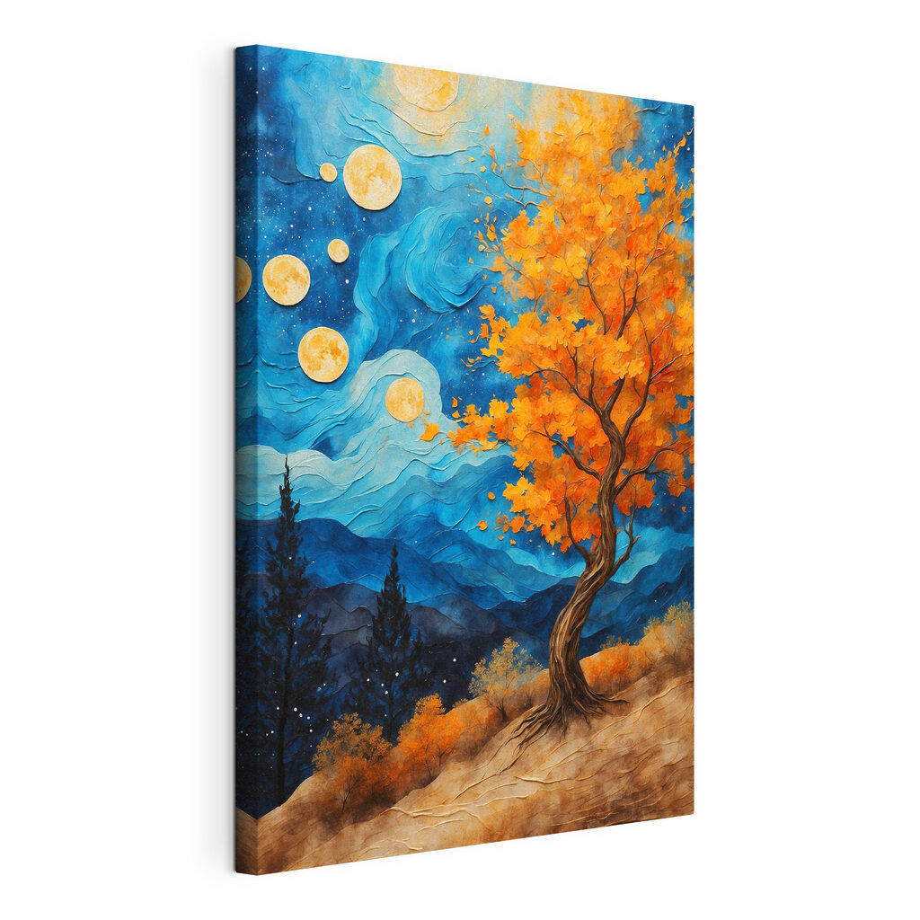 Painting of a tree with orange leaves and blue mountains