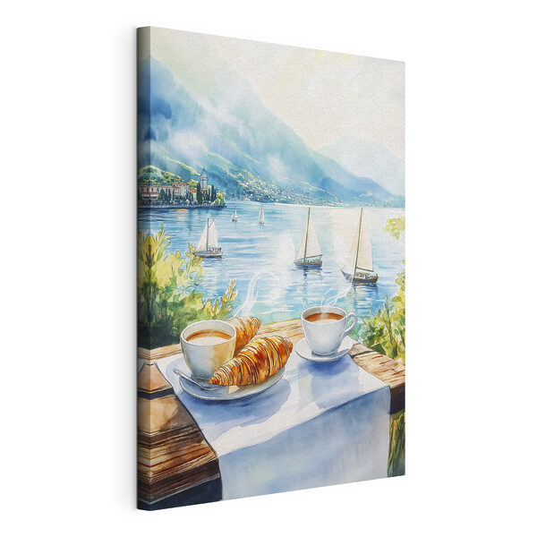Tablouri Pictura acuarelă a unei mese cu cafea și croissante pe ea