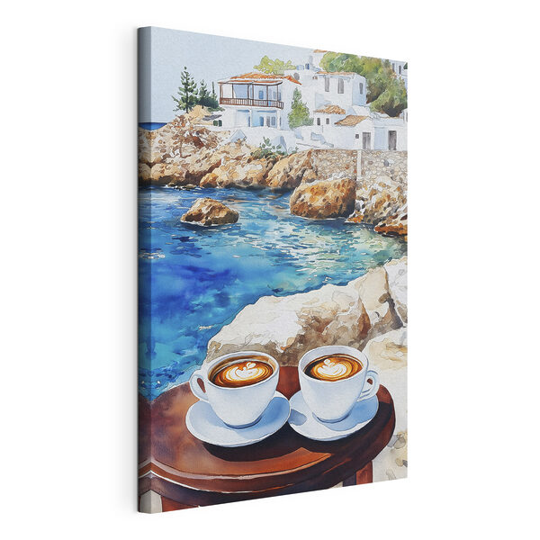 Două cești de cafea pe o masă lângă un corp de apă Tablouri Două cești de cafea pe o masă lângă un corp de apă