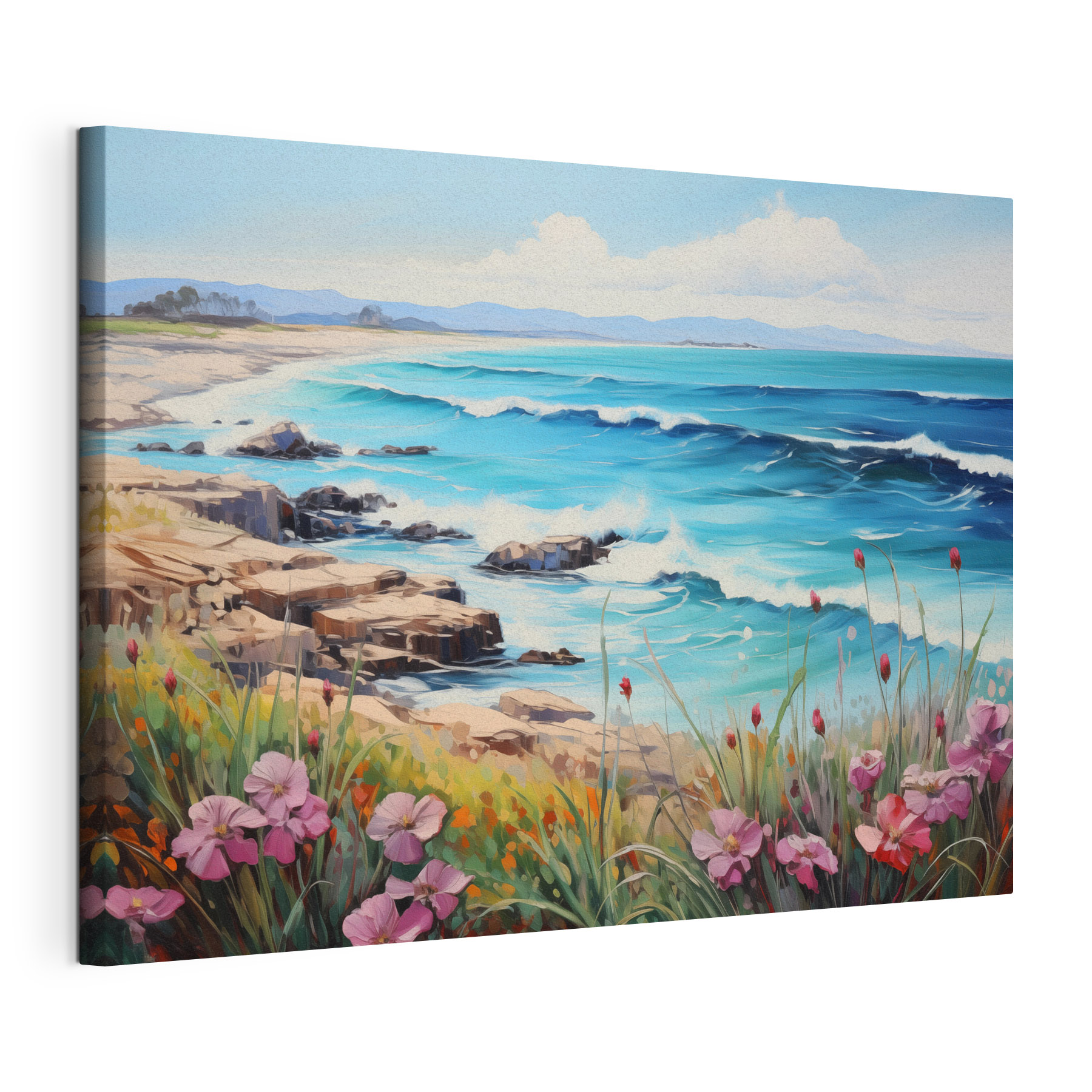 Painting of a beach with flowers and waves Painting of a beach with flowers and waves