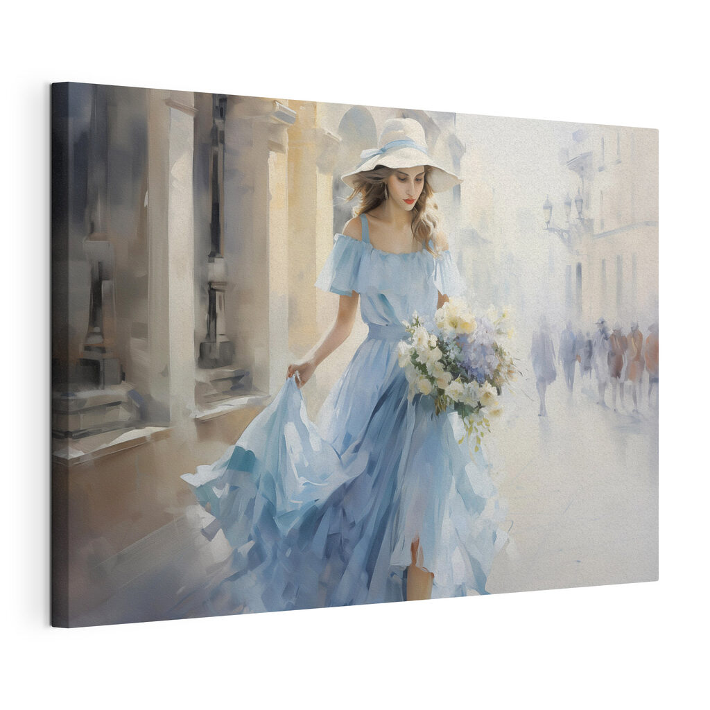 Woman in a blue dress holding flowers Woman in a blue dress holding flowers