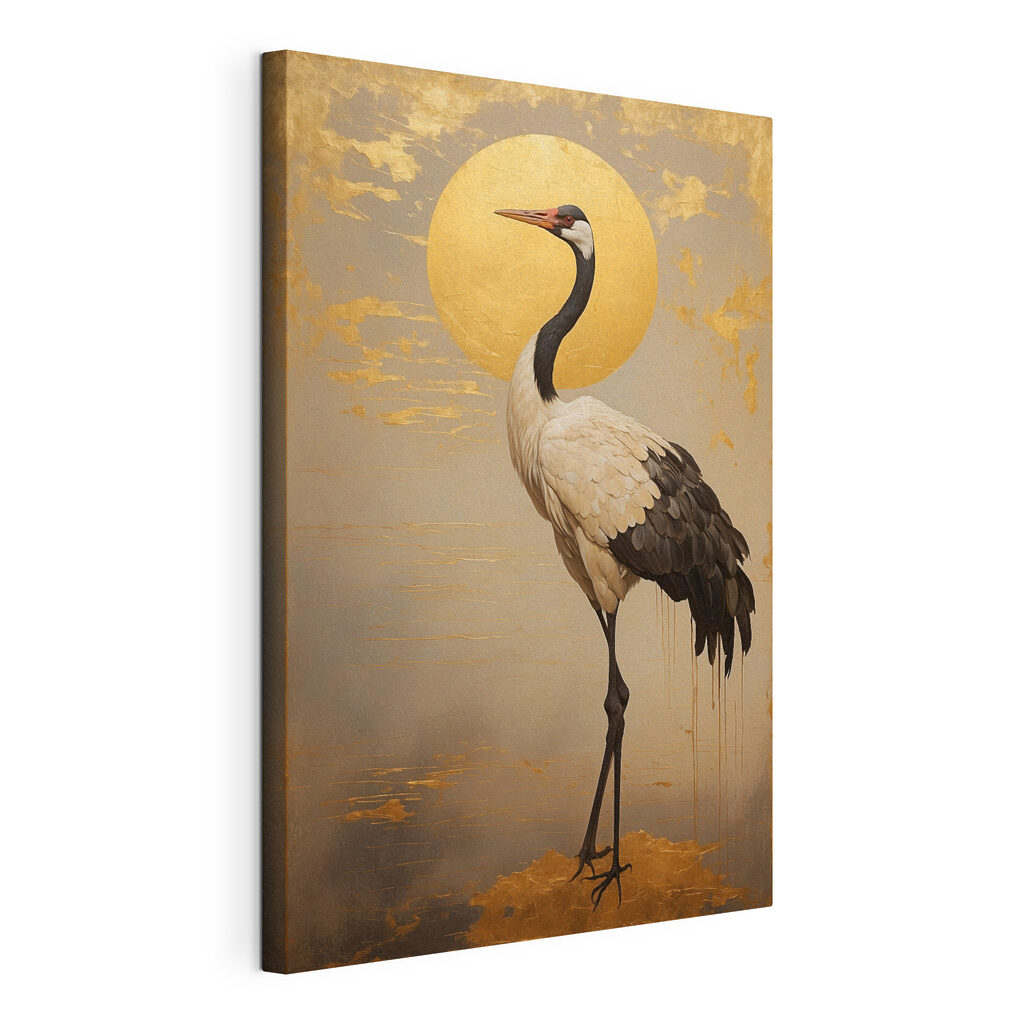 Elegant crane beneath a large sun