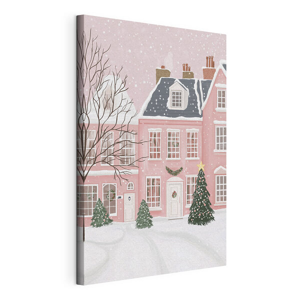 Pink house with trees and snow