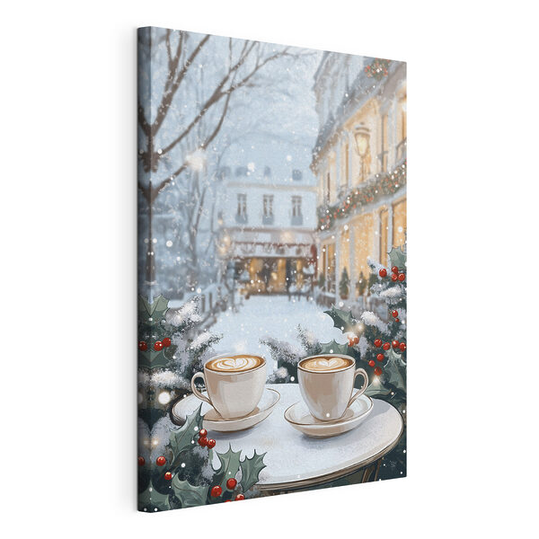 Tablouri Două cești de cafea pe o masă în fața unei străzi înzăpezite